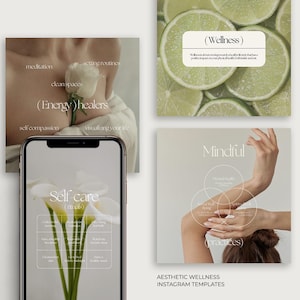 May include: Three Instagram story templates for wellness and self-care. The first template features a white flower with the text "(Energy) healers" and a list of self-care practices. The second template features a phone screen with the text "Self-care" and a list of self-care practices. The third template features a hand with the text "Mindful" and a diagram of the three aspects of mindfulness: awareness, acceptance, and compassion.