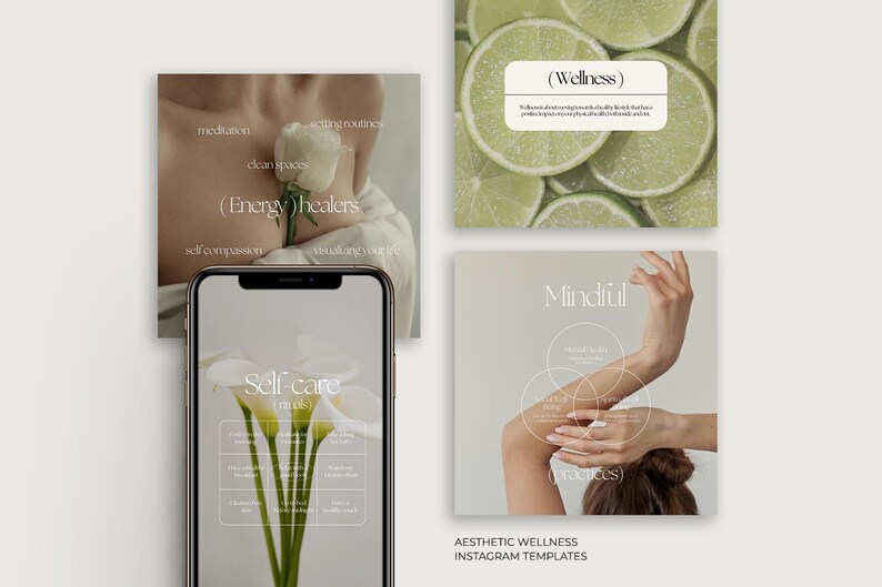 May include: Three Instagram story templates for wellness and self-care. The first template features a white flower with the text "(Energy) healers" and a list of self-care practices. The second template features a phone screen with the text "Self-care" and a list of self-care practices. The third template features a hand with the text "Mindful" and a diagram of the three aspects of mindfulness: awareness, acceptance, and compassion.