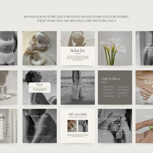 May include: A set of 200 Instagram templates for posts and stories, designed for Canva. The templates feature a minimalist aesthetic with a neutral color palette and simple typography. The templates include text boxes for adding your own content, as well as images and graphics.