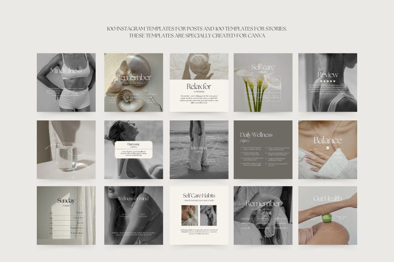 May include: A set of 200 Instagram templates for posts and stories, designed for Canva. The templates feature a minimalist aesthetic with a neutral color palette and simple typography. The templates include text boxes for adding your own content, as well as images and graphics.