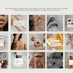 May include: A grid of Instagram templates for posts and stories, featuring a neutral color palette. Each square showcases a different theme, with text overlays like "Self-Love" and "FAQ's". The templates are designed for Canva.