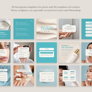 May include: A set of 10 Instagram post and story templates for promoting skincare products. The templates feature a blue and white colour scheme with text that includes "Ceramides What Are They?", "Unlock The Secret Of Your Beauty", "Vitamin C Anti Age Serum", "Skin Fact", "Salicylic Acid", and "Improves Quality of Skin".