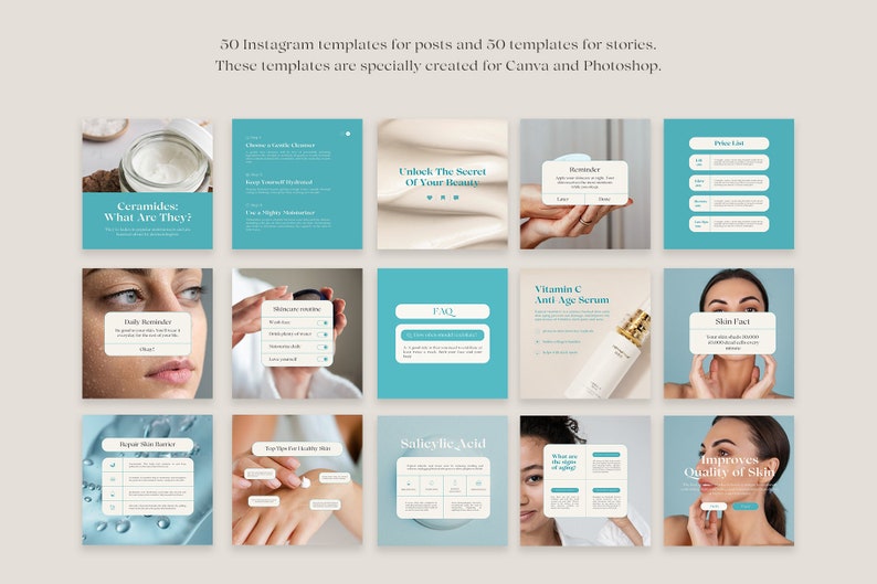 May include: A set of 10 Instagram post and story templates for promoting skincare products. The templates feature a blue and white colour scheme with text that includes "Ceramides What Are They?", "Unlock The Secret Of Your Beauty", "Vitamin C Anti Age Serum", "Skin Fact", "Salicylic Acid", and "Improves Quality of Skin".