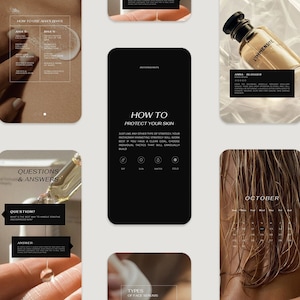 May include: A collection of black and white mobile phone screens with text and images related to skincare. The text includes "How to Protect Your Skin", "Questions & Answers", "Rules of Skincare", "Types of Face Skin", "October", and "Basic Steps Double Cleanse".