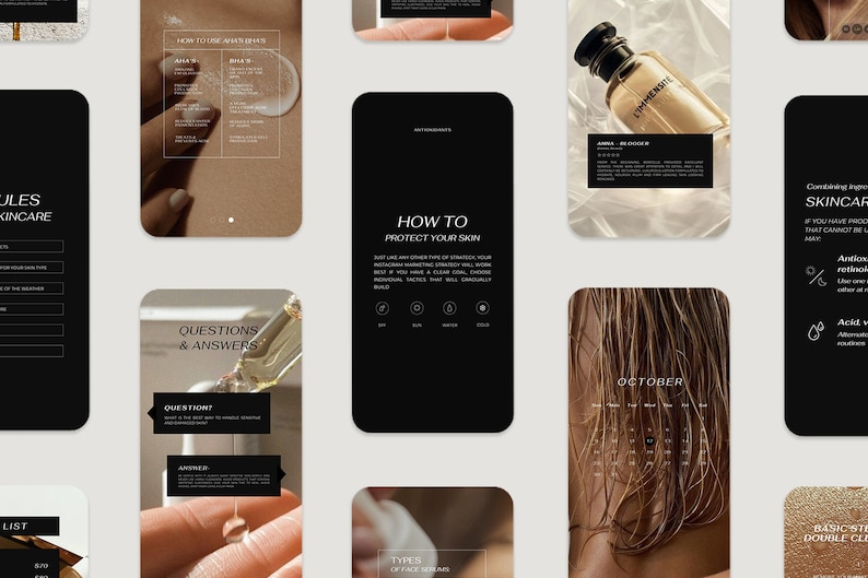 May include: A collection of black and white mobile phone screens with text and images related to skincare. The text includes "How to Protect Your Skin", "Questions & Answers", "Rules of Skincare", "Types of Face Skin", "October", and "Basic Steps Double Cleanse".