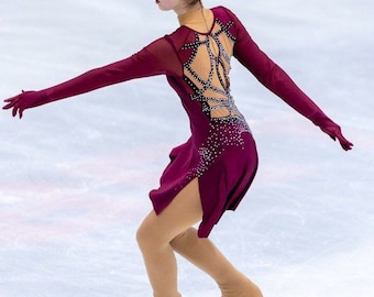 Figure skating dress, sports dress, sports dress, burgundy dress, figure skating