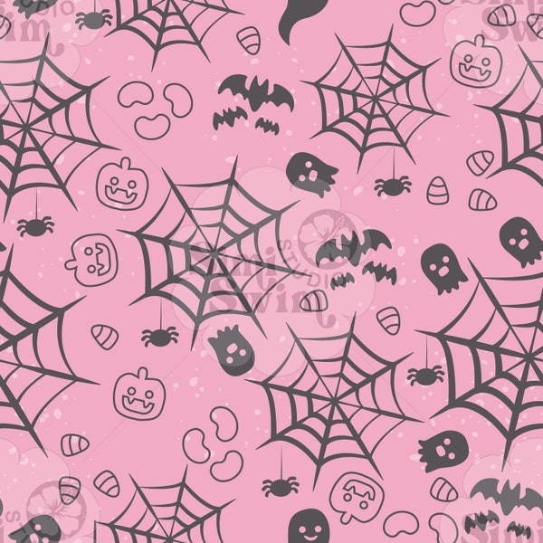 Spooky Pink Spinnweben und Halloween Candy Muster, digitales nahtloses Wiederholungsmuster für kommerzielle Nutzung, Stoff, Tapeten, png, jpg