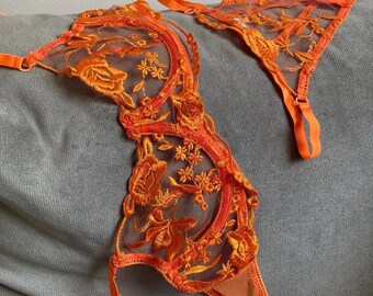 Floral Lace Lingerie-Embroidered lingerie set-Orange lingerie set-Nude mesh lingerie-Sheer Lingerie