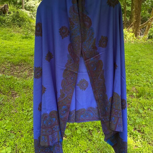 Vintage Cashmere Blue Embroidered Shawl Bohemian Handmade shops Stole Colorful Kashmir India Shawl Wool Pashmina Wrap