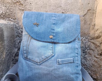 Handmade recycled denim backpack. Sustainable denim backpack. Boho backpack. Unique, handcrafted women's accessory. Gift for women