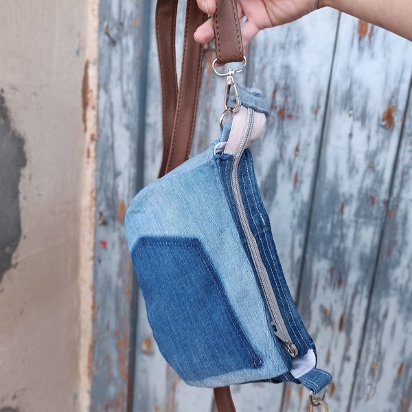 Eco-Friendly Denim Crossbody Bag for Her - Recycled Denim Shoulder Purse - Women's Fanny Pack - Casual Chic Fashion
