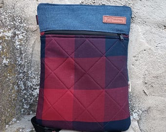 Recycled denim backpack with plaid pattern. Small handmade backpack. Handcrafted quilted backpack. Unisex gift