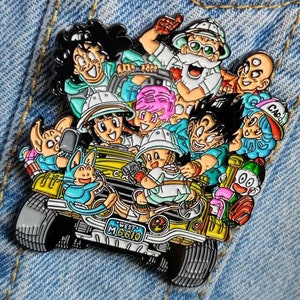 May include: A yellow jeep with a group of cartoon characters riding in it. The characters are all wearing different colored clothes and hats. The jeep has a license plate that says "WEST M6610".
