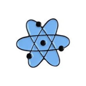 May include: A blue enamel pin shaped like an atom with a black outline and black dots representing electrons.