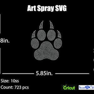 May include: A black graphic design featuring a paw print made of white dots. The design is 7.48 inches tall and 5.85 inches wide. Text at the top reads "Art Spray SVG". The design is available in SVG, DXF, and EPS formats.
