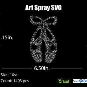 May include: A white rhinestone design of a pair of ballet shoes with a bow on top. The design is 11.15 inches tall and 6.50 inches wide. The design is for use with 10ss rhinestones and requires 1403 rhinestones.
