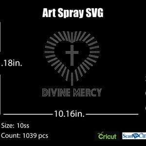 May include: Black digital art design with the text "Art Spray SVG". The design features a heart shape with a cross and the words "DIVINE MERCY". The design measures 11.18 inches by 10.16 inches.
