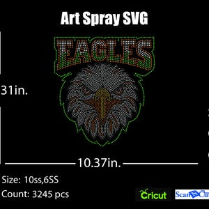 Puede incluir: Un diseño de pedrería con una cabeza de águila y el texto EAGLES, que mide 28,73 cm por 26,34 cm. El gráfico utiliza 3245 piedras en tamaños 10ss y 6ss, incluyendo colores como topacio, cristal transparente, hematita y verde esmeralda.