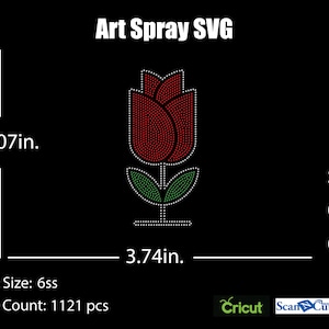 Puede incluir: Un diseño de rosa roja, de 20,5 cm de alto y 9,5 cm de ancho, creado con pequeños puntos blancos. El diseño incluye hojas verdes y un tallo. El texto "Art Spray SVG" está en la parte superior. Los formatos de archivo incluyen SVG, DXF y EPS.
