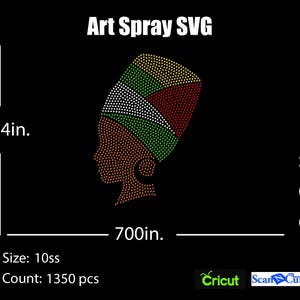 May include: A digital design featuring a profile of a woman's head adorned with a headdress. The headdress is segmented with colors including green, red, and white. The design is 9.84 inches tall and 700 inches wide.