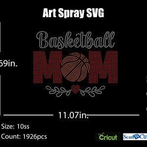 May include: A rhinestone design of the word "MOM" with a basketball in the center. The design is 11.07 inches wide and 8.69 inches tall. The design is made with 1926 rhinestones, each measuring 10ss.