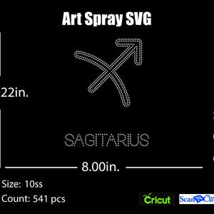 Puede incluir: Un diseño gráfico negro con la palabra "SAGITARIO" y el símbolo de Sagitario, hecho de pequeños puntos blancos. La imagen incluye el texto "Art Spray SVG", dimensiones de 26 cm por 20 cm e información del tipo de archivo.