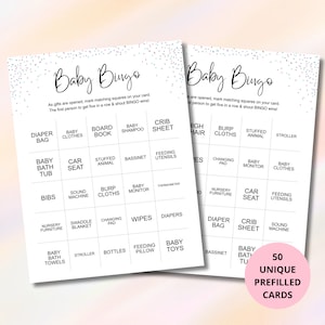50 Baby Bingo Digital Download Prefilled Shower Game Printable Cards, Baby Gift Bingo Game Cards PDF, Baby Shower Bingo Planner Activity PDF image 1