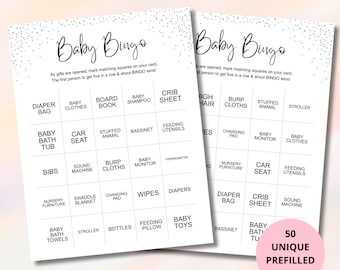 50 Baby Bingo Digital Download Prefilled Shower Game Printable Cards, Baby Gift Bingo Game Cards PDF, Baby Shower Bingo Planner Activity PDF