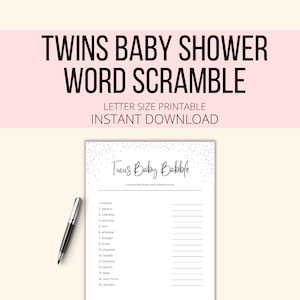 Twins Baby Shower Word Scramble Printable, Twin Baby Shower Game Word Unscramble Digital Download, Twins Baby Babble Activity PDF