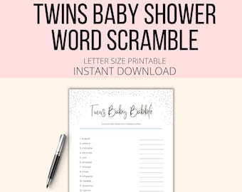 Twins Baby Shower Word Scramble Printable, Twin Baby Shower Game Word Unscramble Digital Download, Twins Baby Babble Activity PDF