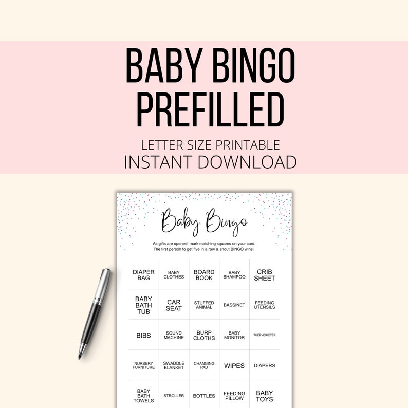 50 Baby Bingo Digital Download Prefilled Shower Game Printable Cards, Baby Gift Bingo Game Cards PDF, Baby Shower Bingo Planner Activity PDF image 2