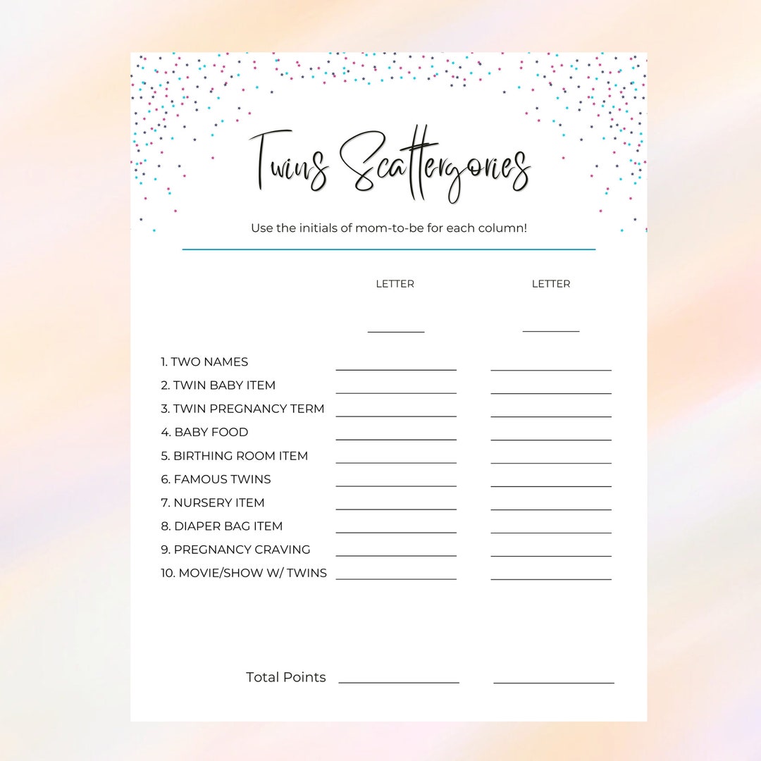 Twins Baby Scattergories Printable, Baby Scattergories for Twin Shower ...
