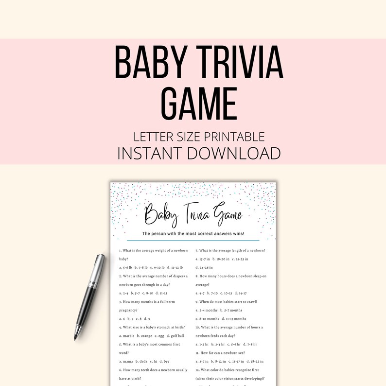 Baby Trivia Shower Game Printable, Fun Baby Shower Trivia Game PDF