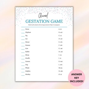Animal Gestation Game PDF, Animal Pregnancy Baby Shower Game Printable, Baby Animal Gestation Baby Shower Activity Planner Download