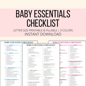 May include: Printable checklist for baby essentials. The checklist is divided into categories such as sleeping, feeding, nursery, diaper changes, clothing, strollers, and cleanup. The checklist is in a light pink color scheme.