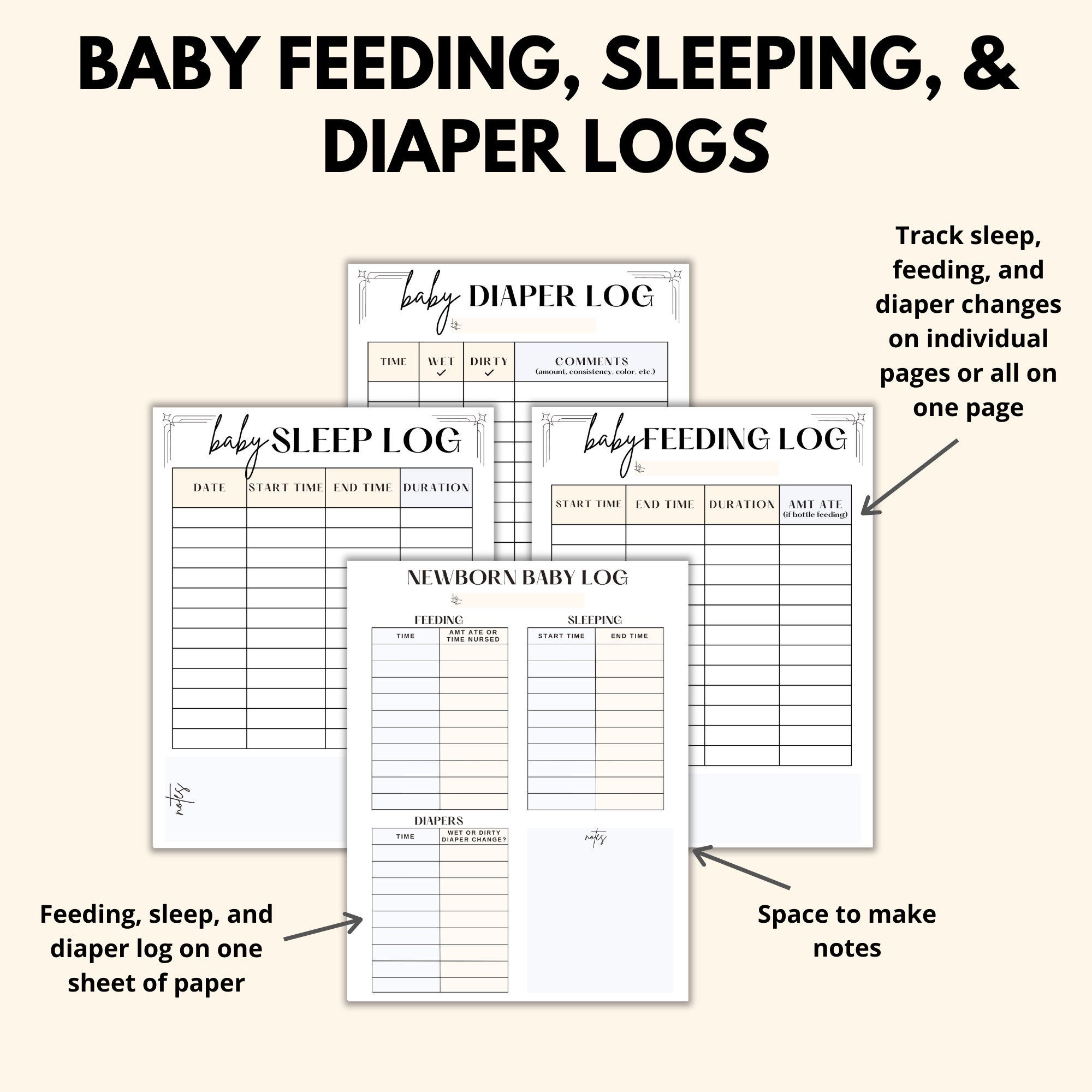 Baby Care Logs Printable Bundle, Newborn Baby Trackers PDF, Infant ...