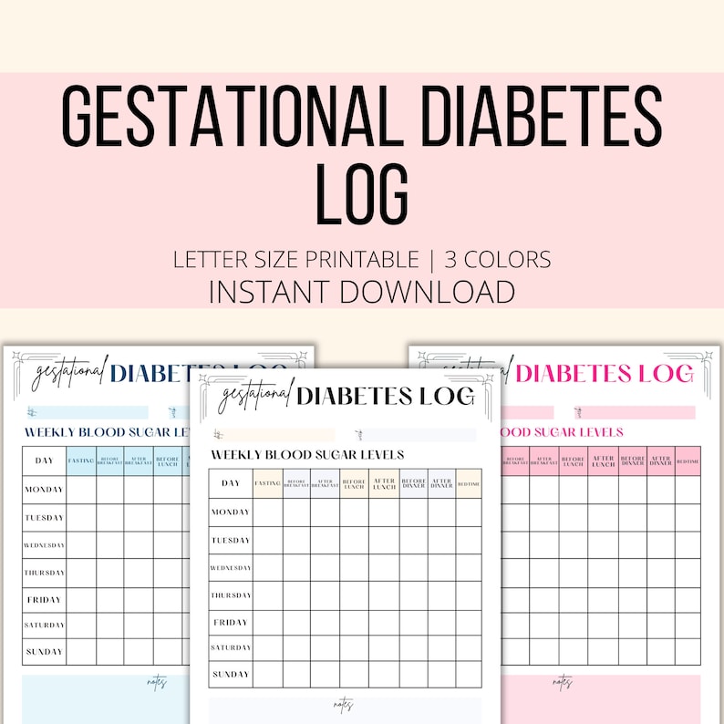 Gestational Diabetes Log Printable, Weekly Gestational Diabetes Tracker PDF, Pregnancy Planner Blood Sugar Log Digital Download image 1