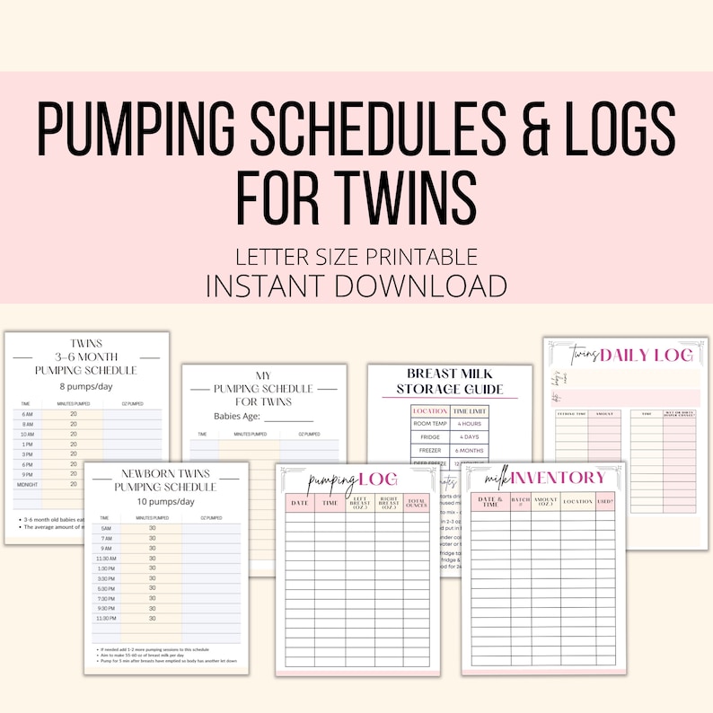 Pumping Schedules & Logs For Twins Printable, Twin Baby Pumping Planner PDF, Exclusive Pumping For Twins Charts, Twin Mom Pumping Tracker image 1
