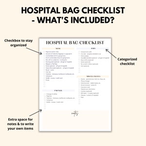 May include: A printable checklist for packing a hospital bag for a new mom and baby. The checklist is divided into three sections: Mom, Baby, and Miscellaneous. The checklist includes items such as pajamas, toiletries, a phone charger, and snacks.