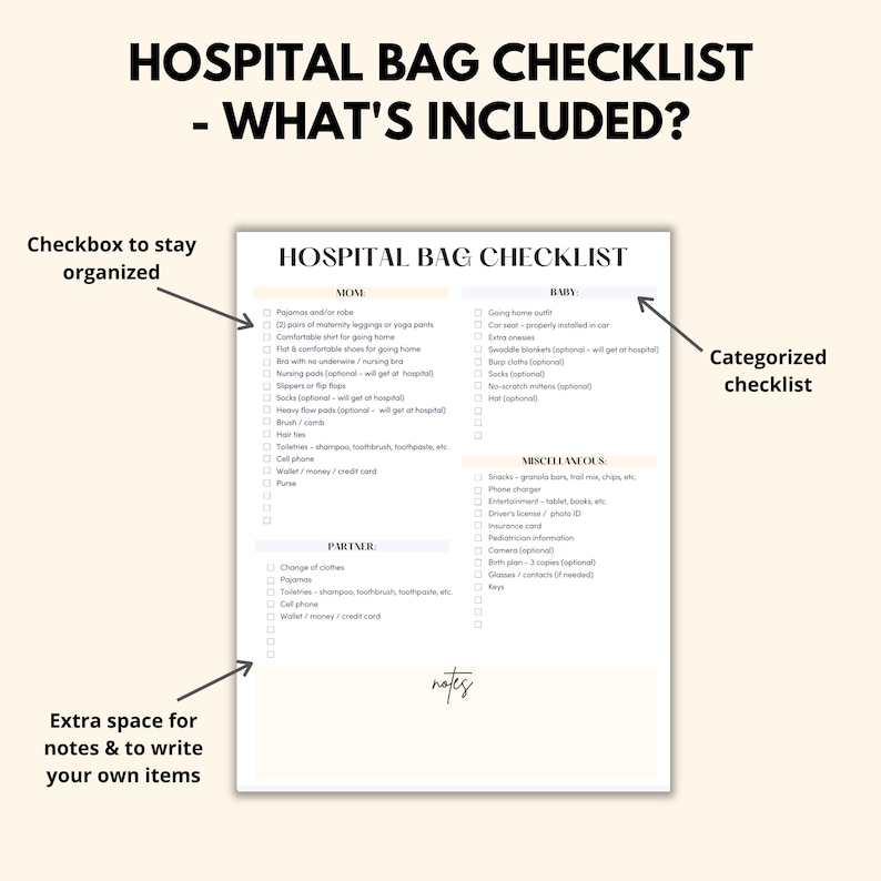 May include: A printable checklist for packing a hospital bag for a new mom and baby. The checklist is divided into three sections: Mom, Baby, and Miscellaneous. The checklist includes items such as pajamas, toiletries, a phone charger, and snacks.