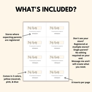 May include: A sheet of baby registry inserts with the text "Baby Registry" and "Amazon". The inserts are on a white background with text that says "What's Included?" and "Comes in 3 colors, yellow (neutral), pink, & blue".