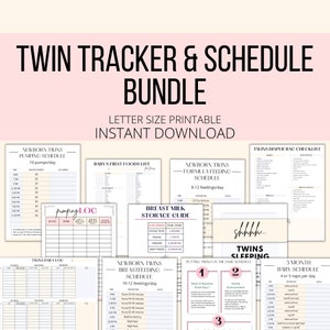 May include: A printable twin tracker and schedule bundle in pink and white. The bundle includes a pumping schedule, baby's first foods list, formula feeding schedule, breast milk storage guide, twins daily log, breastfeeding schedule, twins diaper bag checklist, putting twins on the same schedule, and a 3-month baby schedule.