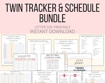 May include: A printable twin tracker and schedule bundle in pink and white. The bundle includes a pumping schedule, baby's first foods list, formula feeding schedule, breast milk storage guide, twins daily log, breastfeeding schedule, twins diaper bag checklist, putting twins on the same schedule, and a 3-month baby schedule.