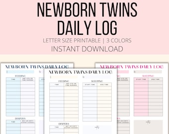 Twin Baby Daily Log Printable, Twin Schedule Tracker For Feeding Sleeping & Diaper Changes PDF, Newborn Twins Planner, Twin Chart