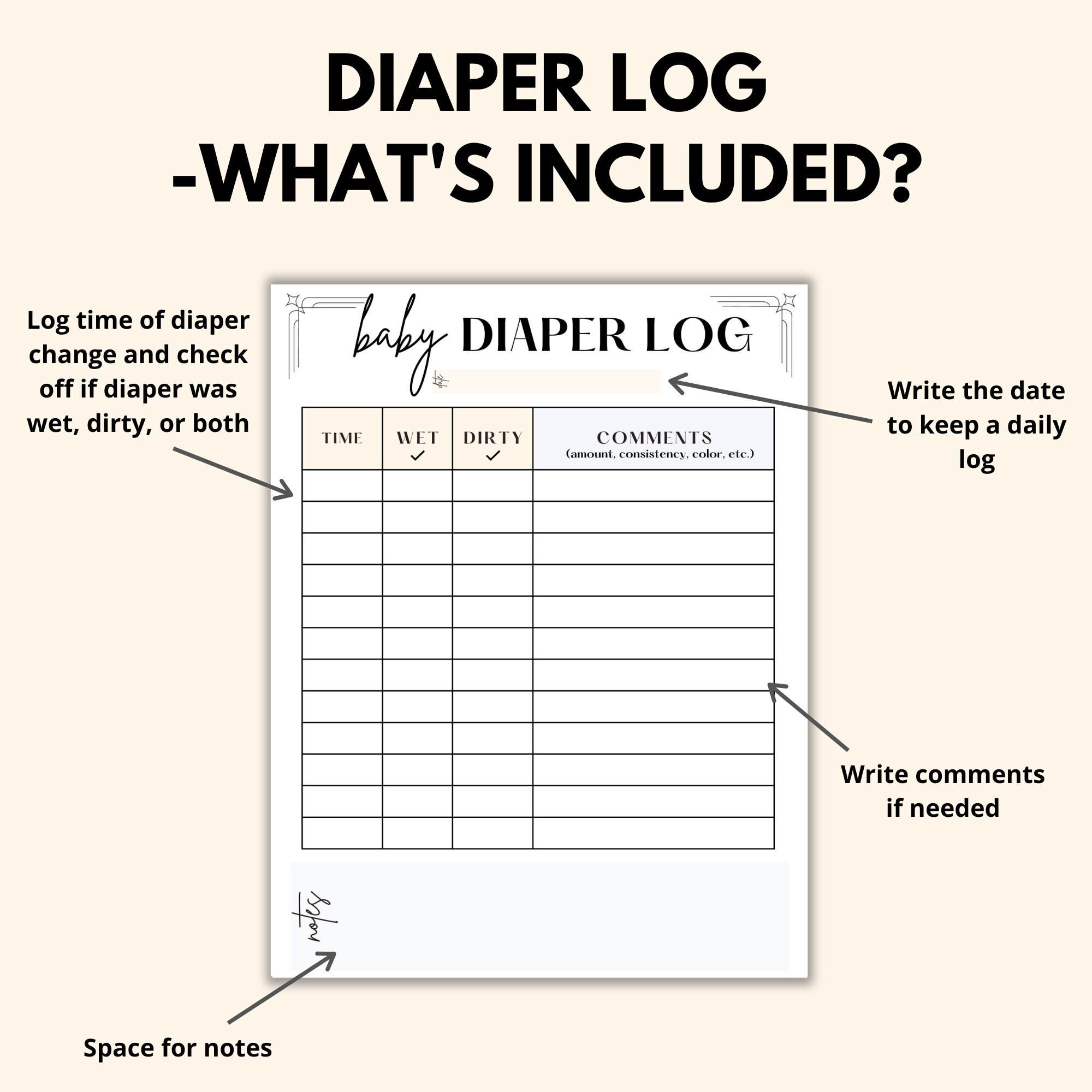 Diaper Tracker Printable Bundle, Baby Diaper Log Diaper Bag Checklist