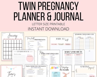 Twin Pregnancy Planner Printable, Pregnancy Journal For Twins PDF, Twin Mom Baby Shower Gift, Twin Pregnancy Tracker Schedule Book