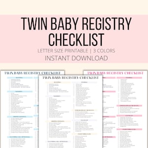 Könnte beinhalten: Eine druckbare Checkliste für Zwillings-Baby-Registerartikel. Die Checkliste ist in Kategorien wie Schlafen, Füttern, Kinderzimmer, Windelwechsel, Kleidung, Kinderwagen und Autositze unterteilt. Die Checkliste ist in drei Farben erhältlich.