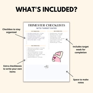 May include: A pregnancy trimester checklist with target dates, featuring checkboxes for organization and extra space for notes. The checklist includes tasks for each trimester, with a pink illustration of a pregnant person.