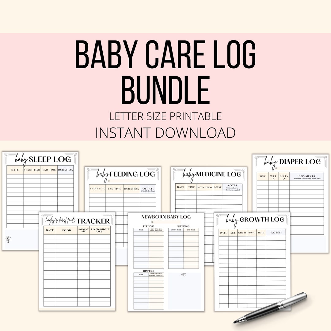 Baby Care Log Printable Bundle, Baby Tracker PDF, Infant Daily Log