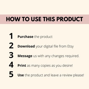 May include: A beige graphic with the text "HOW TO USE THIS PRODUCT" at the top. Steps 1-5 are listed below, including purchasing, downloading, messaging, printing, and using the product.